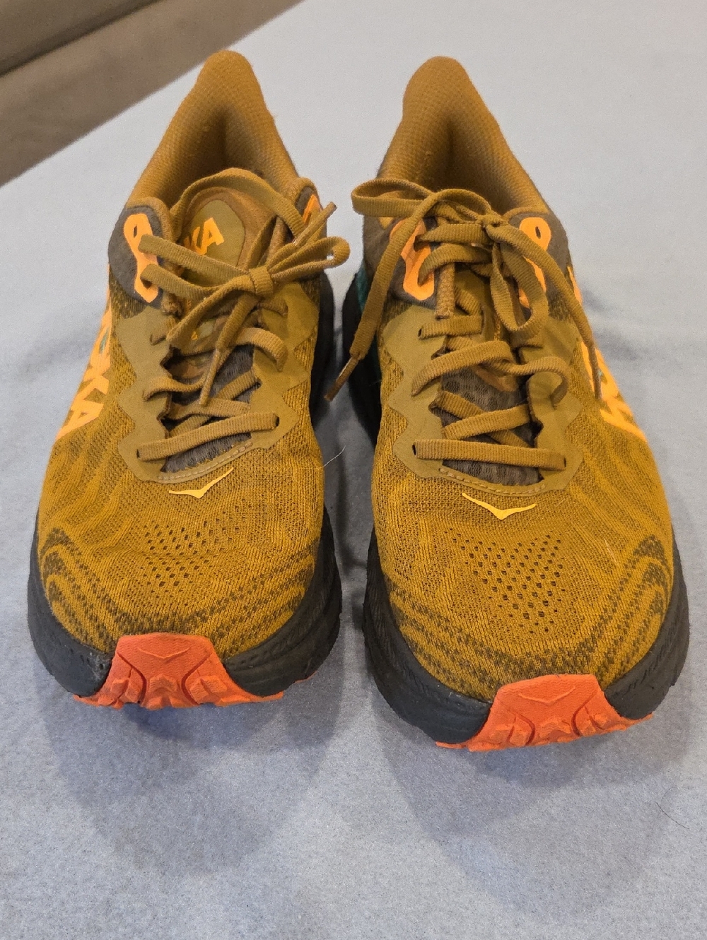Hoka Men's Mustard Yellow Running Sneakers with Orange Accents (10.5)